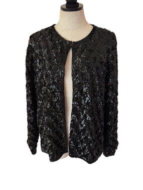 Oriental Womens Allover Black Sequin Jacket Size XL Relaxed Fit Wool Casual Chic